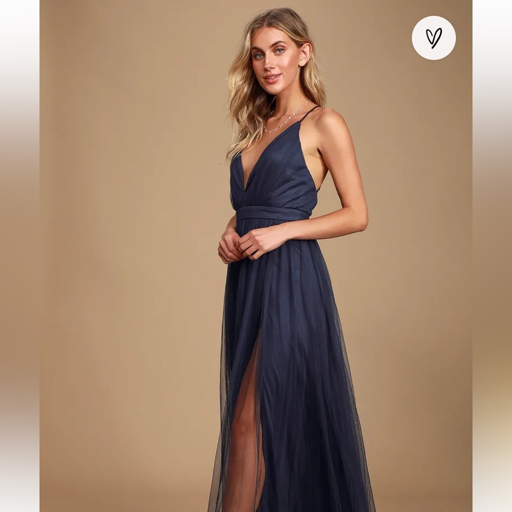 LULUS • Rare Beauty Navy Blue Tulle Backless Maxi Dress